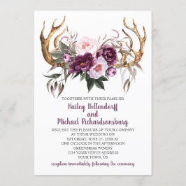 Invitación Boda Rústico Boho Purple Plum Peonies Antlers