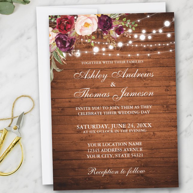 Invitación Boda rústico Borgoña Floral Luces de madera invita (Customize to add more text or photos to back of card.)