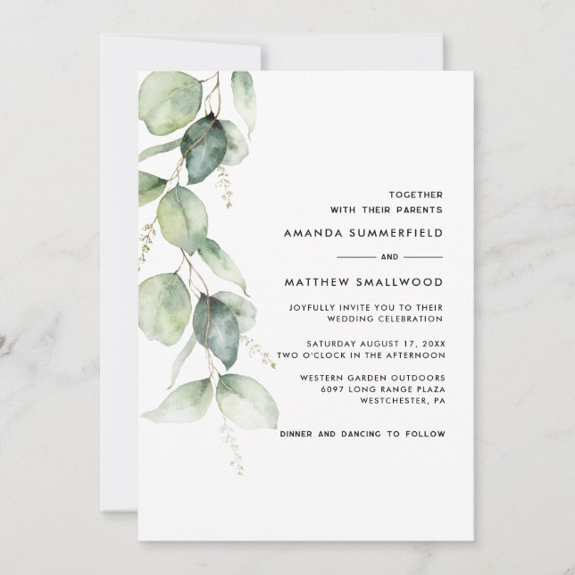 Invitación Boda rústico botánico Eucalyptus Greenery (Anverso)