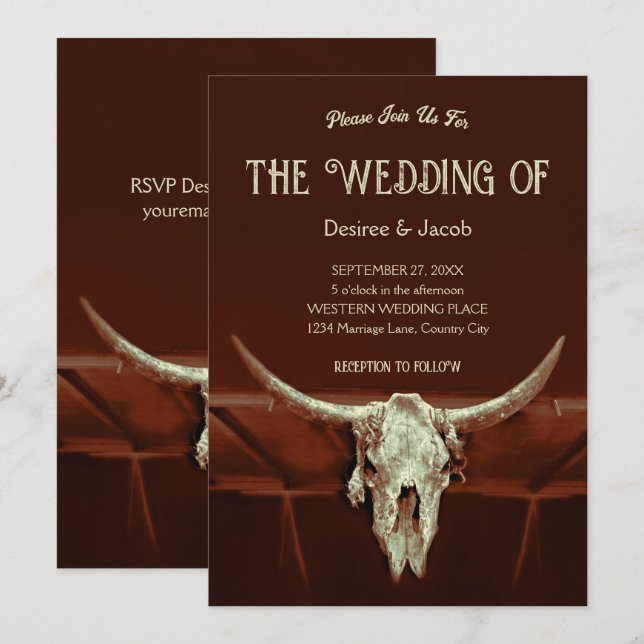 Invitación Boda Rústico Brown País de cráneo de toro occident (Anverso / Reverso)
