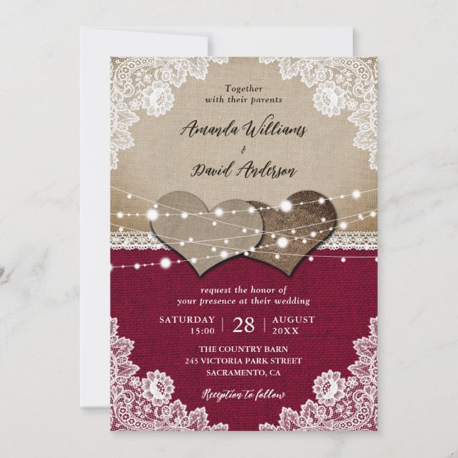 Invitación Boda Rústico Burgundy Burlap Lace (Anverso)