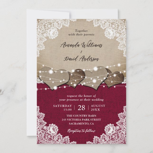 Invitación Boda Rústico Burgundy Burlap Lace (Anverso)