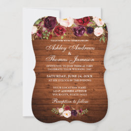 Invitación Boda Rústico Burgundy Floral Wood Invite B