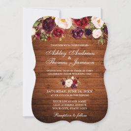 Invitación Boda Rústico Burgundy Floral Wood Invite B