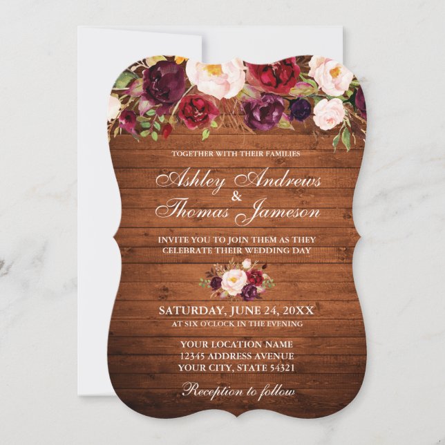 Invitación Boda Rústico Burgundy Floral Wood Invite B (Anverso)