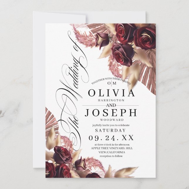 Invitación Boda Rústico Burgundy Red Floral Boho (Anverso)