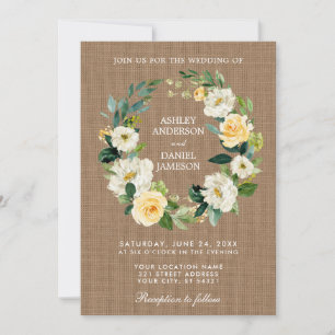 Invitación Boda Rústico Burlap Amarillo Floral Blanco