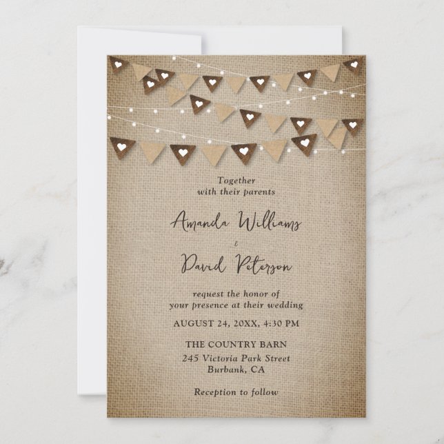 Invitación Boda Rústico Burlap Bunting String Lights (Anverso)
