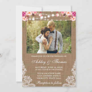 Invitación Boda Rústico Burlap Ilumina Foto Floral de encaje