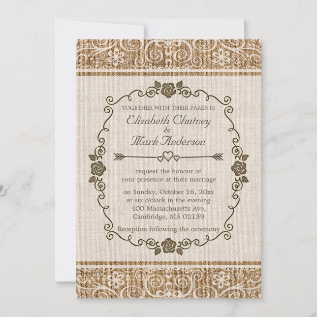 Invitación Boda Rústico Burlap Lace (Anverso)