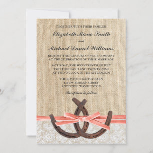 Invitación Boda Rústico Burlap Lace Horseshoe Coral Ribbon