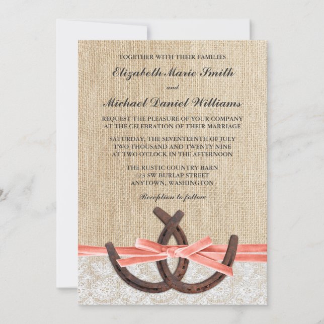 Invitación Boda Rústico Burlap Lace Horseshoe Coral Ribbon (Anverso)