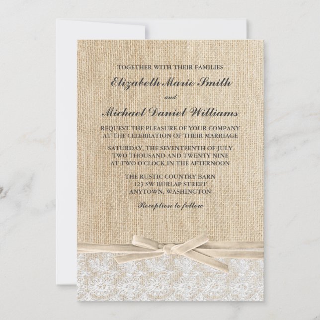 Invitación Boda Rústico Burlap Lace Ivory Ribbon (Anverso)