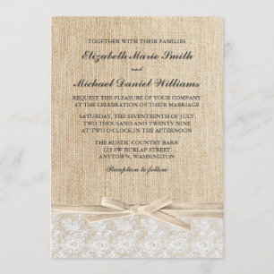 Invitación Boda Rústico Burlap Lace Ivory Ribbon