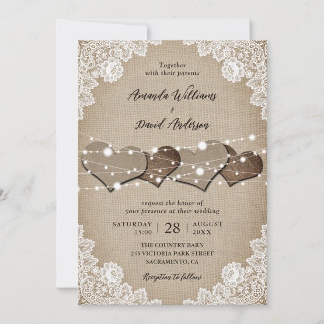 Invitación Boda Rústico Burlap Lace String Lights (Anverso)