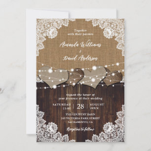 Invitación Boda Rústico Burlap Lace String Lights