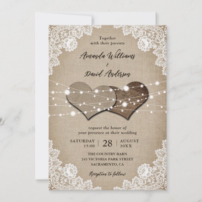 Invitación Boda Rústico Burlap Lace String Lights (Anverso)