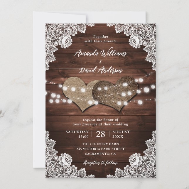 Invitación Boda Rústico Burlap Lace String Lights (Anverso)