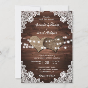 Invitación Boda Rústico Burlap Lace String Lights