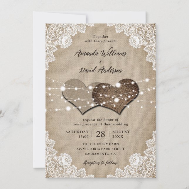 Invitación Boda Rústico Burlap Lace String Lights (Anverso)