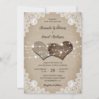 Invitación Boda Rústico Burlap Lace String Lights