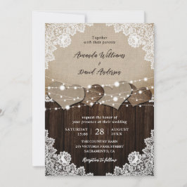 Invitación Boda Rústico Burlap Lace String Lights