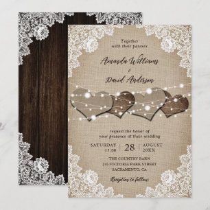 Invitación Boda Rústico Burlap Lace String Lights