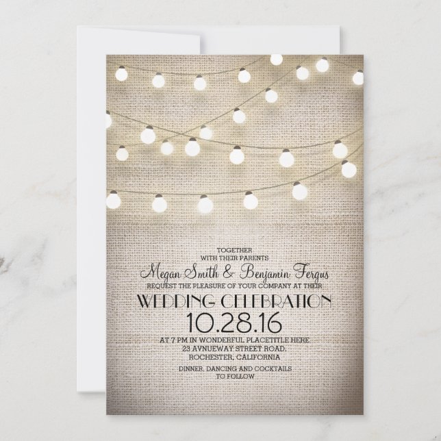 Invitación Boda Rústico Burlap Lace y String Lights (Anverso)