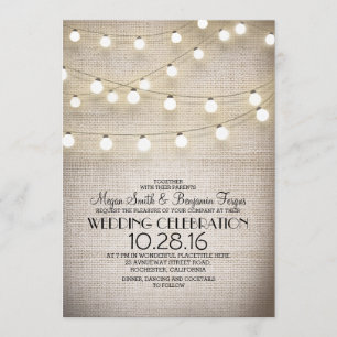 Invitación Boda Rústico Burlap Lace y String Lights