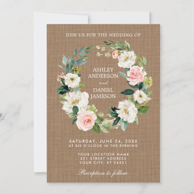 Invitación Boda Rústico Burlap Leyenda Floral Blanca Rosa (Anverso)