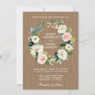 Invitación Boda Rústico Burlap Leyenda Floral Blanca Rosa