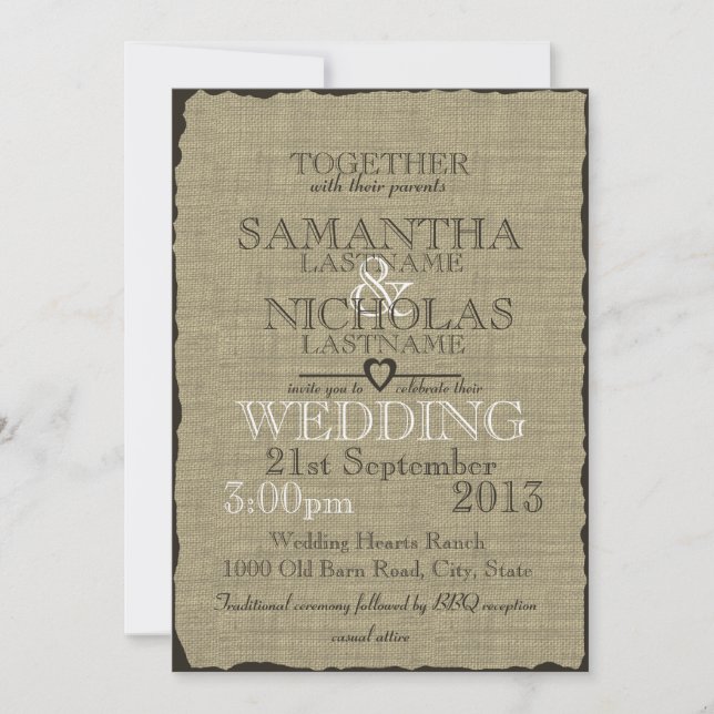 Invitación Boda Rústico Burlap Look 5x7 (Anverso)