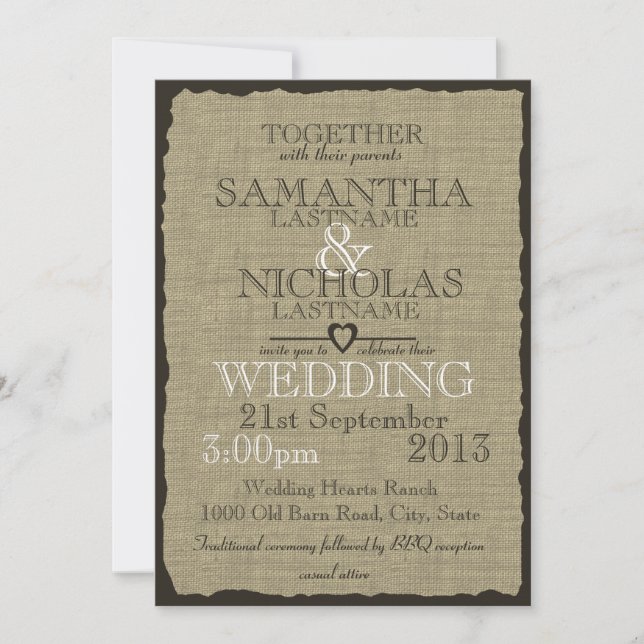 Invitación Boda Rústico Burlap Look 5x7 (Anverso)