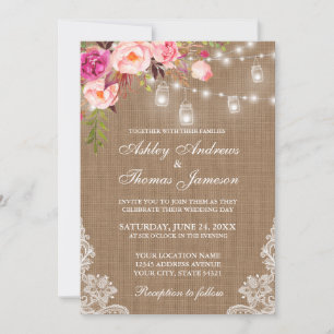 Invitación Boda Rústico Burlap Luce Jars Lace Floral Rosa