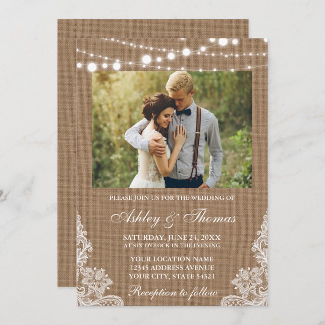 Invitación Boda Rústico Burlap Luces Fotografía de la cámara (Anverso / Reverso)