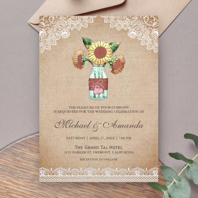 Invitación Boda Rústico Burlap Sunflower Mason Jar Lace (Subido por el creador)
