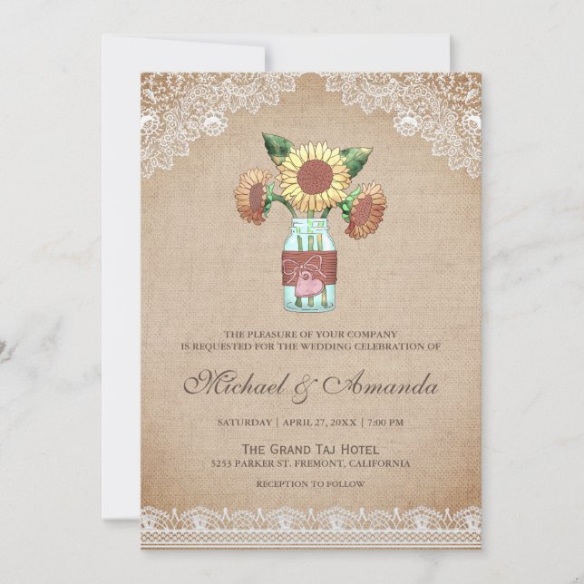 Invitación Boda Rústico Burlap Sunflower Mason Jar Lace (Anverso)