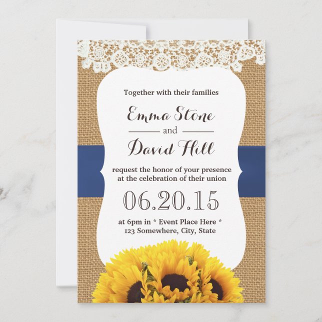 Invitación Boda Rústico Burlap Sunflowers (Anverso)