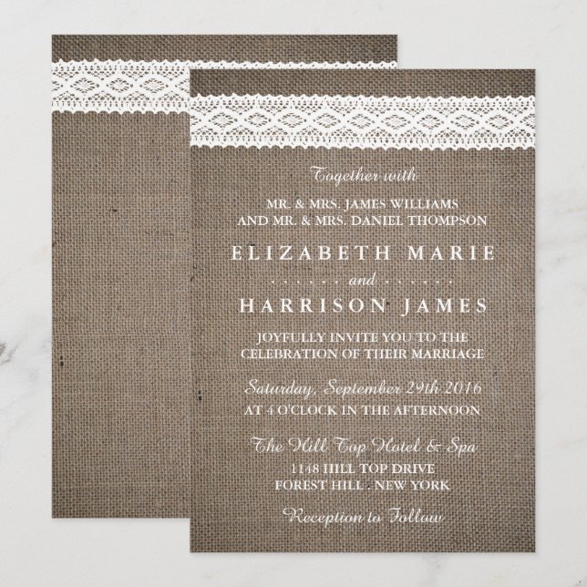 Invitación Boda Rústico Burlap & Vintage White Lace (Anverso / Reverso)