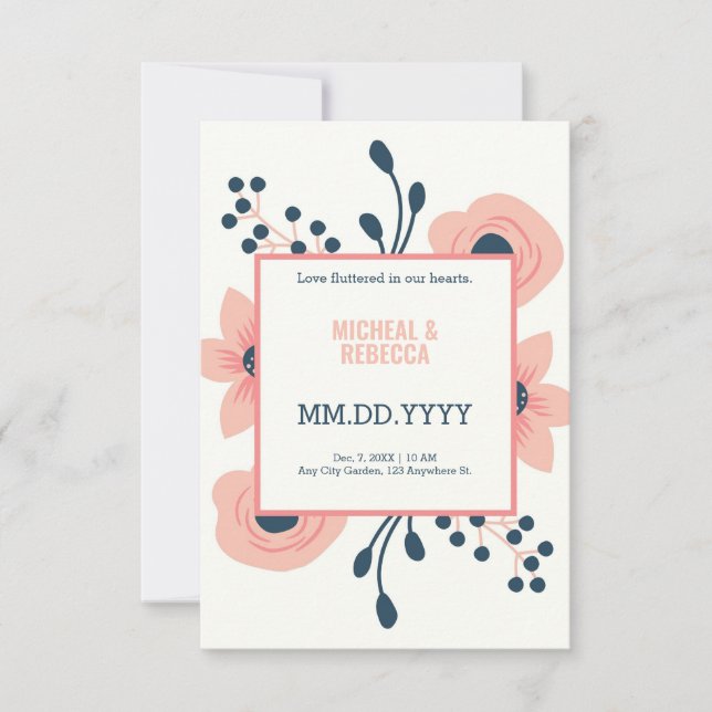 Invitación Boda rústico con crema de menta y flores azules (Anverso)