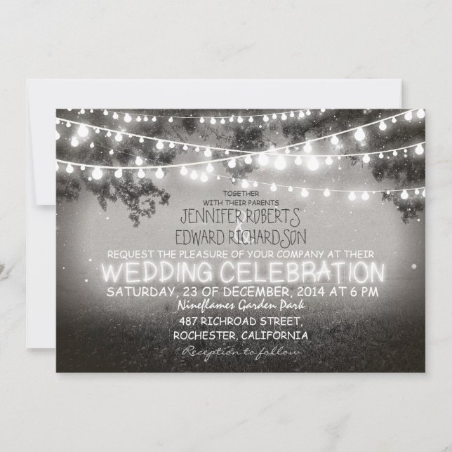Invitación boda rústico con luces de jardín blancas y negras (Anverso)