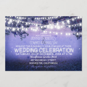 Invitación boda rústico con luces de jardín y noche azules