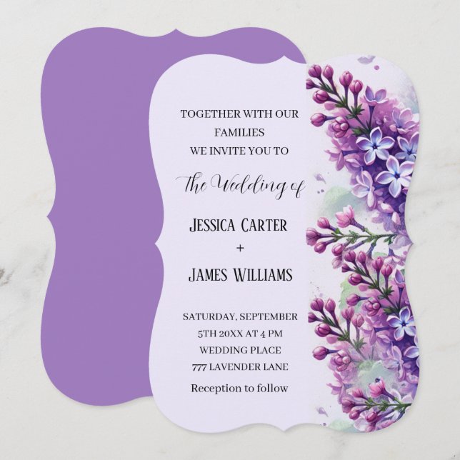 Invitación Boda Rústico de Acuarela de Flores Lilac (Anverso / Reverso)