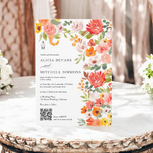 Invitación Boda Rústico de acuarela floral de Boho Naranja QR