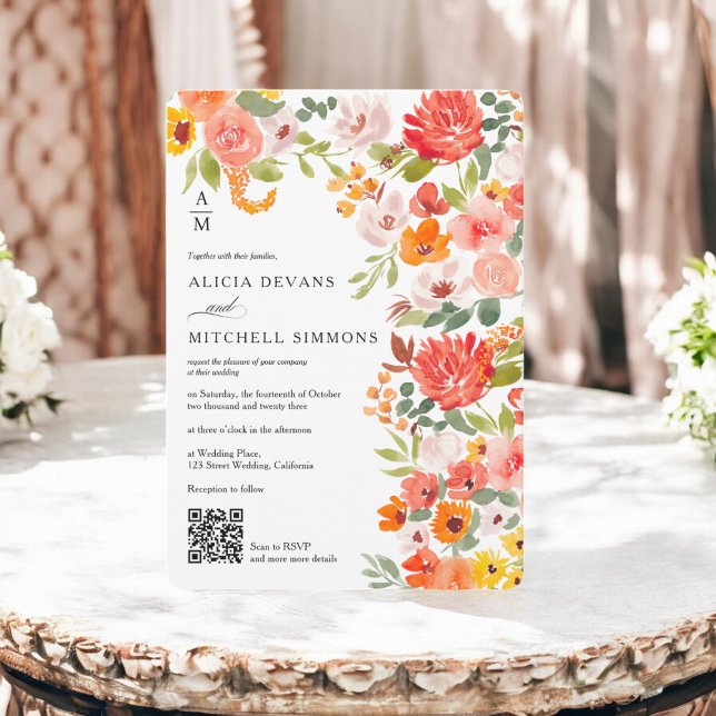 Invitación Boda Rústico de acuarela floral de Boho Naranja QR (Rustic Boho Orange Floral Watercolor QR wedding Invitation)