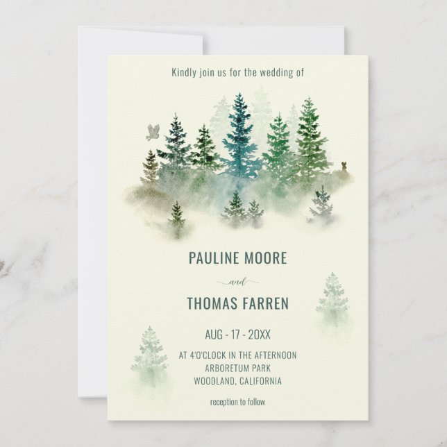 Invitación Boda Rústico de Acuarela Misty Forest Retro (Anverso)