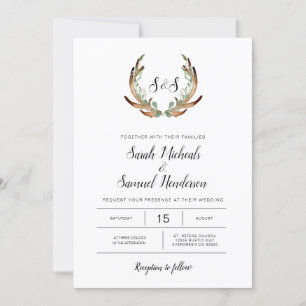 Invitación Boda Rústico de Antler & Dark Greenery Watercolor