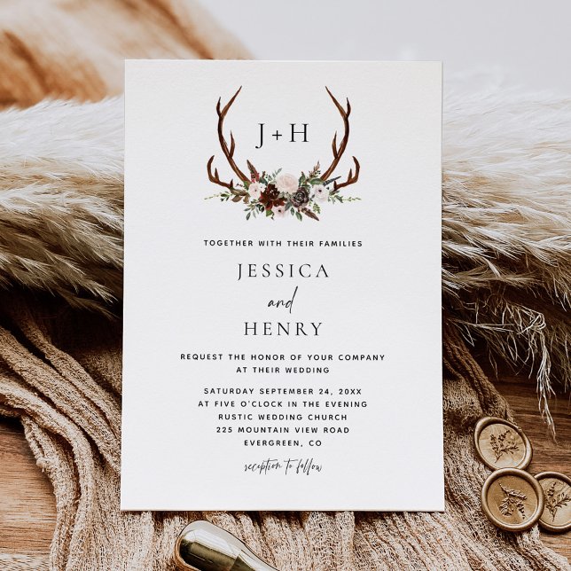 Invitación Boda Rústico de Antlers Florales de Boho (Subido por el creador)