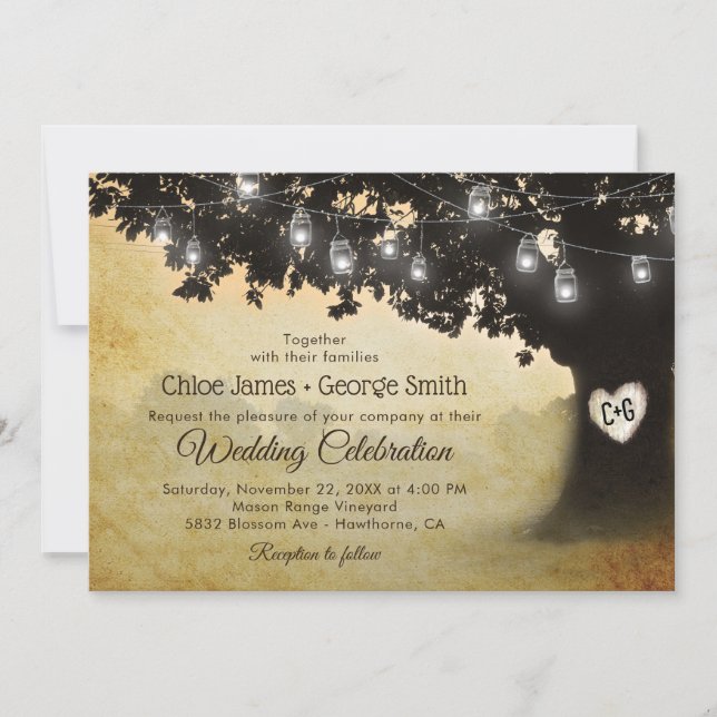 Invitación Boda Rústico De Arbol De Roble Mason Jar Lights (Anverso)