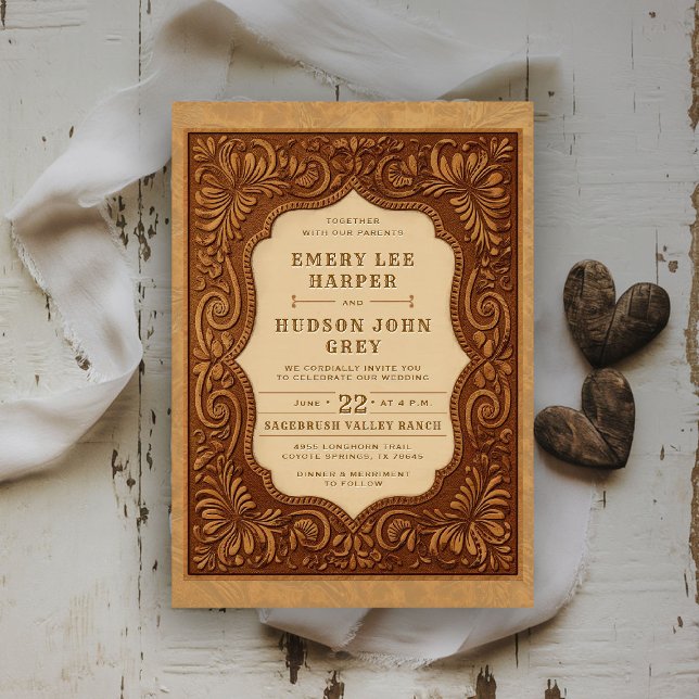 Invitación Boda Rústico de Barn Occidental de cuero con herra (rustic country wedding invitation western cowboy tooled leather frame elegant barn ranch charm)